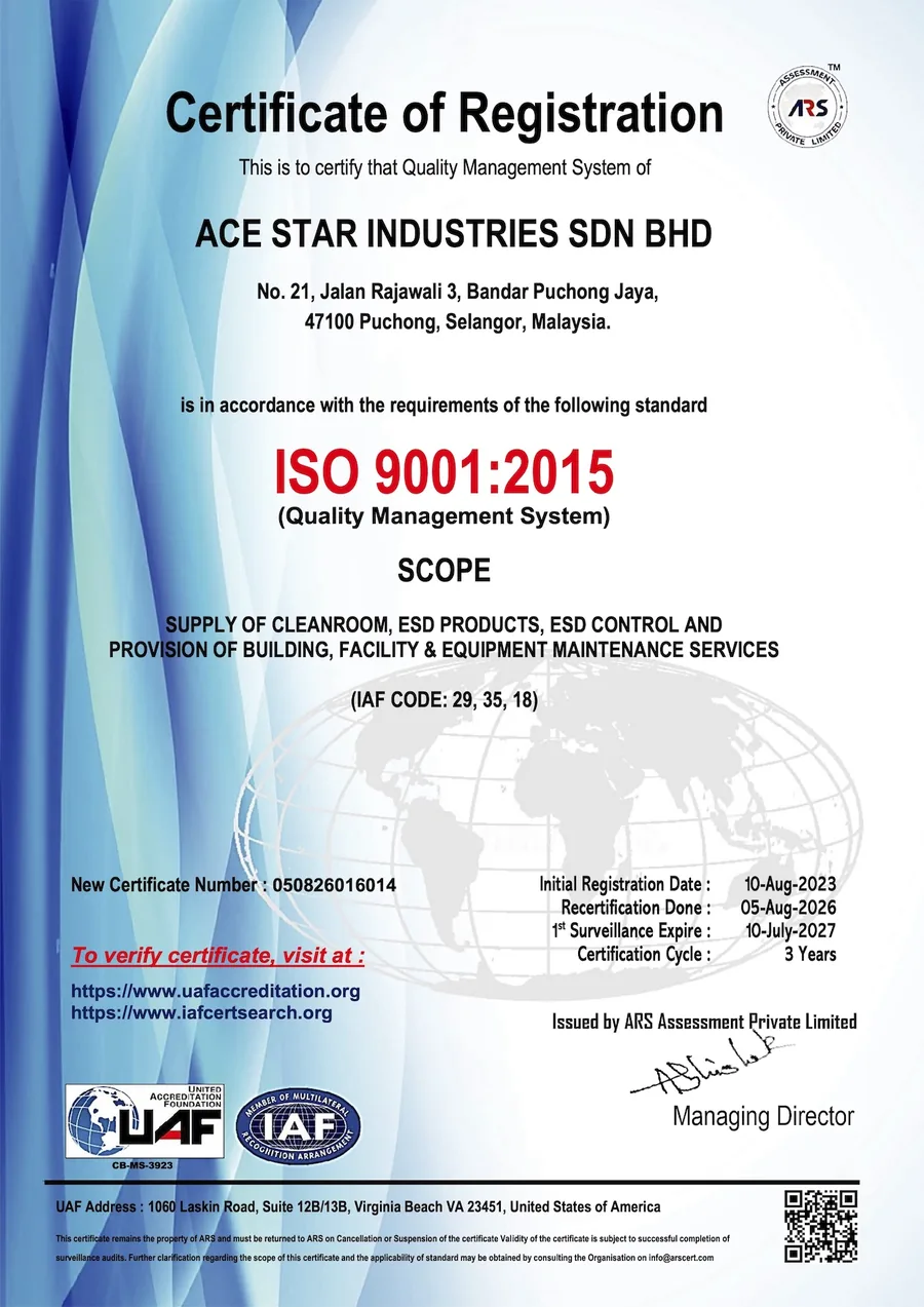 ISO 9001:2015 certificate of registration for Ace Star Industries Sdn Bhd