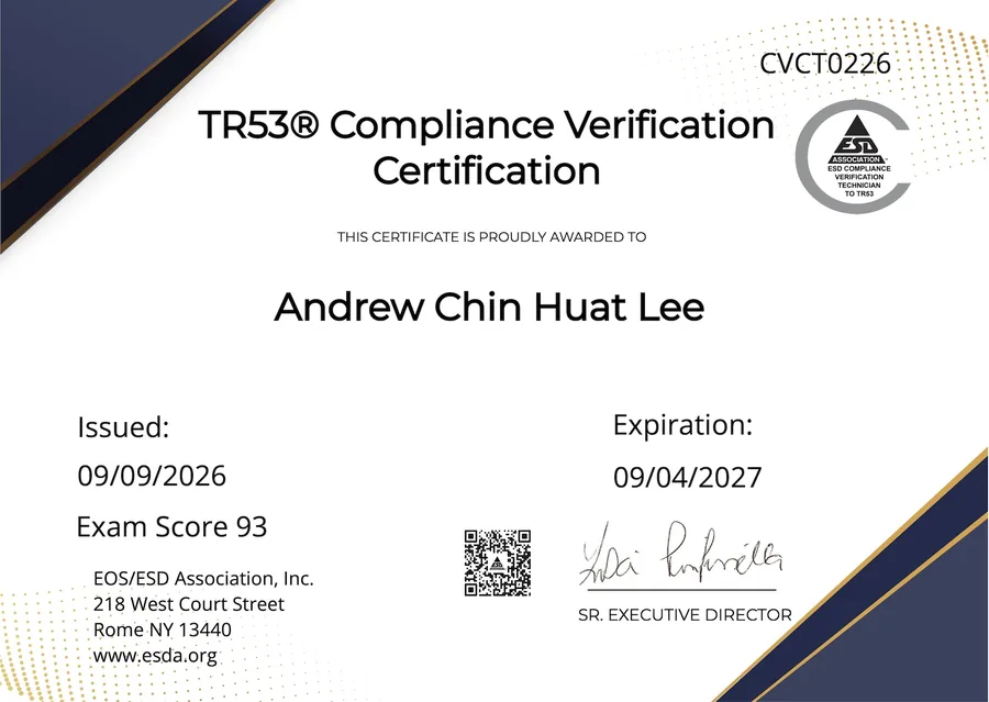 ESD TR53 compliance verification certificate